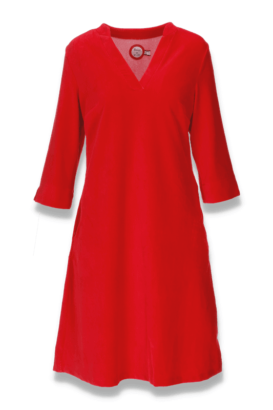 Saga röd velourklänning med fickor 